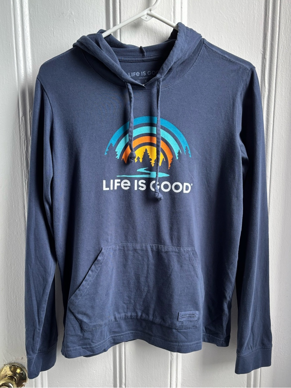 Life is Good Women’s hooded long sleeve crusher tee shirt navy sunset woods S